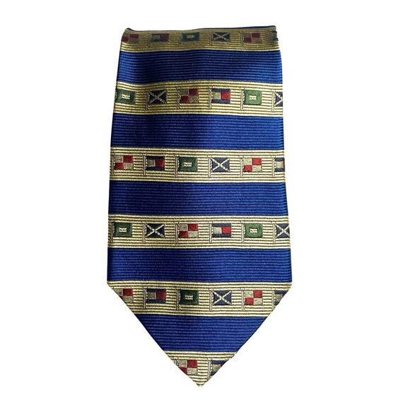 Tommy Hilfiger Blue Gold Striped Italian Silk Flags Tie - Picture 1 of 5